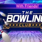 Textul „The Bowling Club” înconjurat de popice de bowling în mișcare pe un fundal colorat