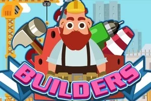 Constructii cu personaje animate și uneltele lor în fundal, cu textul BUILDERS în prim plan