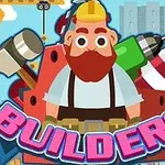 Constructii cu personaje animate și uneltele lor în fundal, cu textul BUILDERS în prim plan