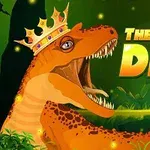 Imaginea prezintă un dinozaur portocaliu cu o coroană aurie pe cap, într-un fundal verde cu textul The Dino King alături