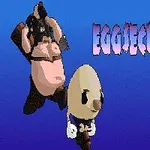 Un personaj rotund cu cap de ou și un personaj masiv cu mască pe un fundal albastru, alături de textul „EGGSECUTIONER”