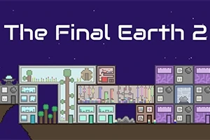 Grafică pixelată a unei construcții futuriste cu vegetație și clădiri colorate sub un cer violet