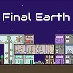Grafică pixelată a unei construcții futuriste cu vegetație și clădiri colorate sub un cer violet
