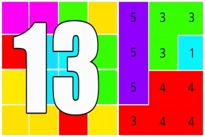 Numărul „13” suprapus peste un fundal de pătrate colorate, fiecare având un număr scris în interior
