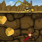 Un excavator galben sapă în pământ, lângă niște pietre mari și un cartuș de dinamită