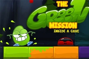 Un personaj verde desenat, cu pantofi albaștri, lângă titlul „The Green Mission Inside a Cave”, pe un fundal de blocuri colorate
