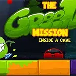 Un personaj verde desenat, cu pantofi albaștri, lângă titlul „The Green Mission Inside a Cave”, pe un fundal de blocuri colorate