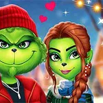 Două personaje verzi, unul purtând o căciulă roșie, alături de un câine și decorațiuni de sărbători, pe fundalul unui peisaj de iarnă, cu inimi plutind deasupra