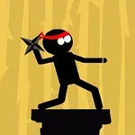 Siluetă de stickman cu o bandană roșie, ținând o stea ninja în mână, pe un fundal galben cu model în zig-zag