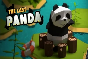 Panda stilizat stând pe un mic grup de bușteni pe o insulă plutitoare, lângă o colac de salvare