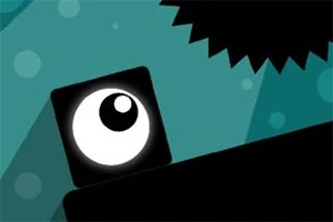 Un pătrat negru cu un ochi mare pe un fundal albastru-verzui, lângă dinți zimțați negri