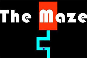 Text alb The Maze pe un fond negru cu un labirint albastru deschis sublitrat