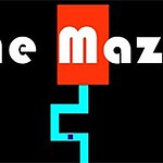 Text alb The Maze pe un fond negru cu un labirint albastru deschis sublitrat