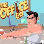 Personaj animat bărbat cu expresie hotărâtă într-un birou, cu numele The Office Guy afișat în stil grafic