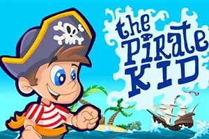 Un băiat pirat desenat animat, purtând o pălărie cu craniu, cu un fundal tropical cu o corabie și insulă, alături de textul The Pirate Kid