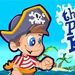 Un băiat pirat desenat animat, purtând o pălărie cu craniu, cu un fundal tropical cu o corabie și insulă, alături de textul The Pirate Kid