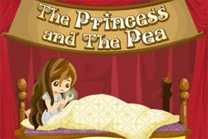 O prințesă stă în pat, ținând un bob de mazăre, sub un baldachin roșu cu inscripția The Princess and The Pea