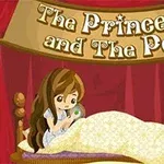O prințesă stă în pat, ținând un bob de mazăre, sub un baldachin roșu cu inscripția The Princess and The Pea