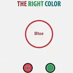 Textul The Right Color deasupra unui cerc roșu cu cuvântul Blue în interior, alături de două butoane, unul cu un X roșu și altul cu un cerc verde