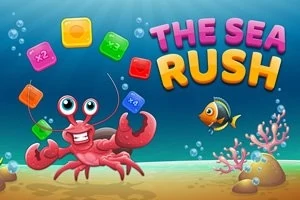 Un homar zâmbitor sub apă aruncă cuburi colorate, alături de un pește și corali, cu textul THE SEA RUSH deasupra