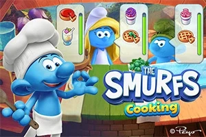 Personaje albastre desenate în bucătărie, unul purtând o căciulă de bucătar, alături de logo-ul The Smurfs Cooking