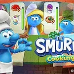 Personaje albastre desenate în bucătărie, unul purtând o căciulă de bucătar, alături de logo-ul The Smurfs Cooking
