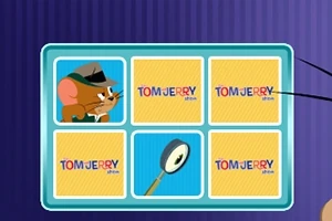 The Tom and Jerry Show: Memory Mischief Fundal albastru cu un panou de cinci pătrate, dintre care unul conține un desen cu un șoricel cu pălărie, altul o lupă, și trei cu textul Tom and Jerry