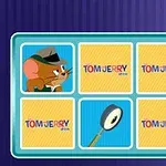 The Tom and Jerry Show: Memory Mischief Fundal albastru cu un panou de cinci pătrate, dintre care unul conține un desen cu un șoricel cu pălărie, altul o lupă, și trei cu textul Tom and Jerry