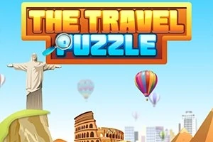 Text colorat The Travel Puzzle deasupra unor simboluri turistice precum statuia lui Hristos, Colosseumul și baloane cu aer cald pe un fundal albastru