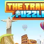 Text colorat The Travel Puzzle deasupra unor simboluri turistice precum statuia lui Hristos, Colosseumul și baloane cu aer cald pe un fundal albastru