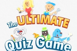 Un fundal alb cu text colorat ce spune „The Ultimate Quiz Game”, înconjurat de desene animate cu oameni și câini
