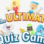 Un fundal alb cu text colorat ce spune „The Ultimate Quiz Game”, înconjurat de desene animate cu oameni și câini