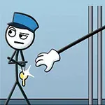 Un personaj stilizat încearcă să fure o cheie din buzunarul unui paznic folosind un braț lung prin gratiile unei uși