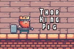 Personaj de joc pixelat cu barbă roșie, coroană și ciocan, pe un fundal de cărămidă cu inscripția Thor King Pig