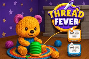 Ursuleț de pluș croșetat cu ghemuri colorate și logo-ul „Thread Fever pe fundal mov