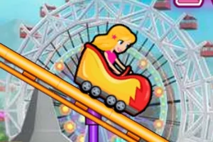 O fată blondă animată într-un carusel colorat pe un roller coaster, cu un carusel Ferris în fundal