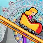 O fată blondă animată într-un carusel colorat pe un roller coaster, cu un carusel Ferris în fundal