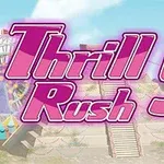 Text roz Thrill Rush 5 pe un fundal cu elemente de parc de distracții, inclusiv o roată gigantă și un roller coaster