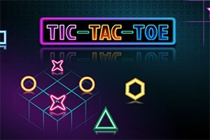 Grafică neon colorată cu forme geometrice și textul Tic-Tac-Toe într-un design futuristic