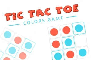 Textul Tic Tac Toe Colors Game este scris deasupra unui grid cu cercuri roșii și albastre