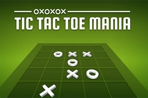 Ilustrație cu table de joc în format 3D pe fundal verde, cu titlul „Tic Tac Toe Mania”