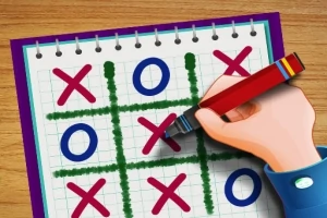 Mâna unei persoane desenează un „X” pe o grilă de joc pe o foaie de caiet, cu alte „X”-uri și „O”-uri deja plasate