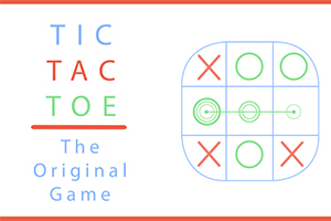 Textul TIC TAC TOE The Original Game în stânga și o diagramă a unui joc într-o grilă de 3x3 cu simboluri X și O în dreapta