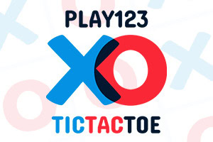 Logo cu textul „PLAY123 deasupra și „TICTACTOE dedesubt, cu un X albastru și un O roșu suprapuse pe fundal alb cu simboluri palide