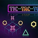 Grafică neon colorată cu forme geometrice și textul Tic-Tac-Toe într-un design futuristic