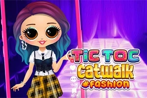O păpușă cu ochi mari, păr colorat și îmbrăcăminte de modă stă pe un podium, cu textul „Tic Toc Catwalk #Fashion” lângă ea