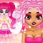 Trei personaje animate cu păr colorat, machiaj strident și haine colorate, pe un fundal roz