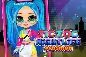 O fată cu păr albastru, haine colorate și ochelari de soare, cu textul „Tic Toc Nightlife #Fashion” pe un fundal urban stilizat