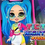 O fată cu păr albastru, haine colorate și ochelari de soare, cu textul „Tic Toc Nightlife #Fashion” pe un fundal urban stilizat