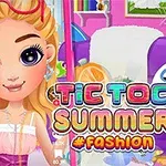 Fată cu păr blond și accesorii de vară, înconjurată de decor colorat și vibrant